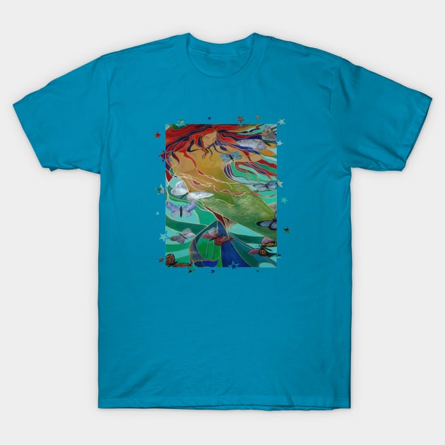 Mermaid Swimming with Butterflies Fantasy Art T-Shirt by taiche